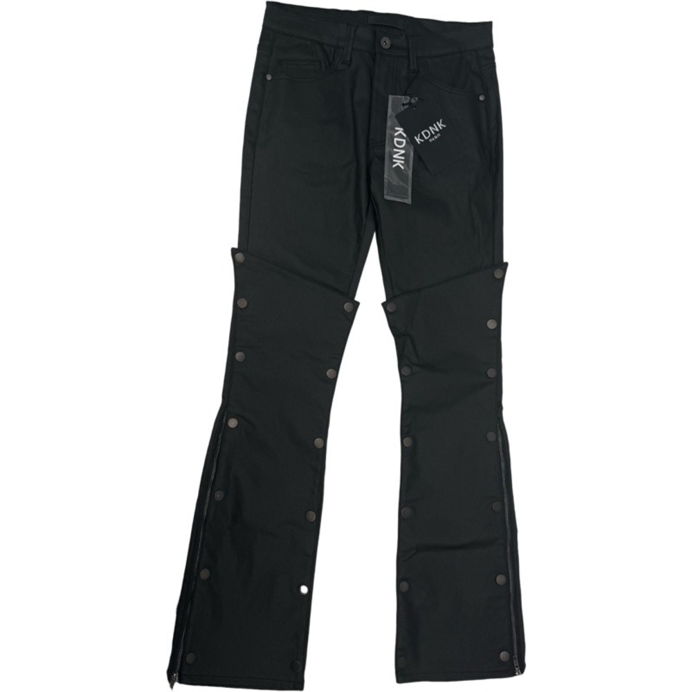 KDNK NEW 32 Skinny Flare Pants Wax Black Snap Button Zipper Moto Streetwear Y2K